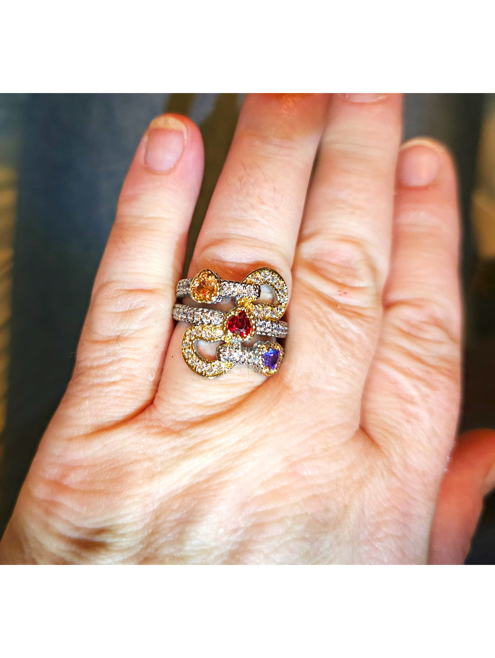 New Two Tone Heart CZ Ring Size 8 Sparkling Fall Colors Multi-band Cocktail
